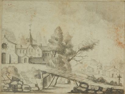 École FRANÇAISE du XVIIIe siècle Paysage lacustre
Dessin.
Dim.: 5,5 x 7,5 cm