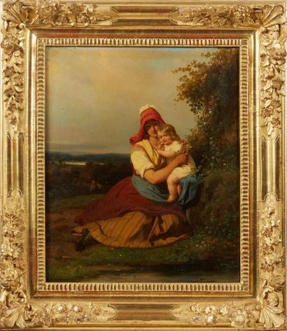 Julien Michel GUE (Saint Domingue 1789 - Paris 1843) Femme et son enfant dans un...