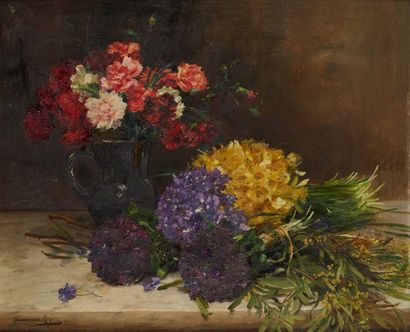 Dominique ROZIER (Paris 1840 - 1901) Fleurs sur un entablement
Sur sa toile d'origine,...