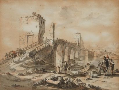 ÉCOLE du NORD du début du XIXe siècle Bâteliers au pied d'un pont
Aquarelle sur crayon...