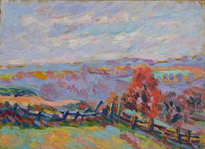 Armand GUILLAUMIN (1841-1927) Paysage d'automne à Crozant, 1907
Huile sur carte postale,...