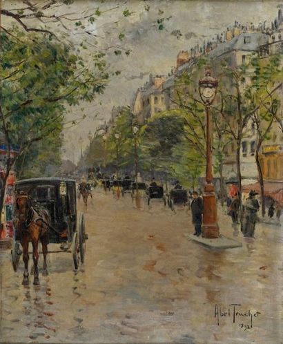 ABEL TRUCHET (1857-1918) Boulevard aux fiacres à Paris, 1892
Huile sur toile, signée...