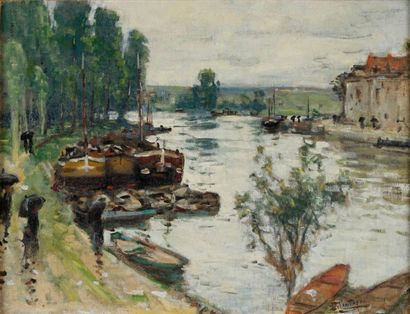 Pierre Eugène MONTEZIN (1874-1946) Promeneurs et péniches à la rivière
Huile sur...