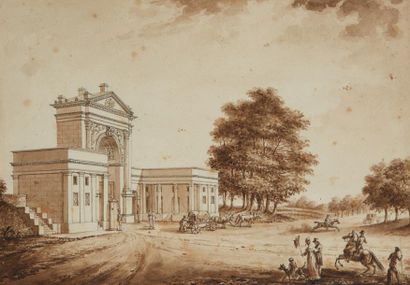 École FRANÇAISE du début du XIXe siècle Porte d'entrée d'une ville
Plume et lavis...