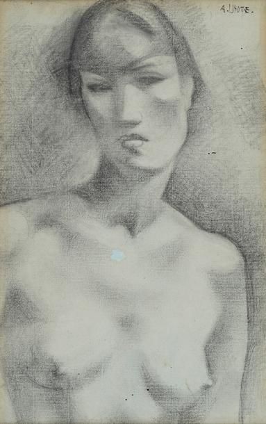 André LHOTE (1885-1962) Modèle en buste
Crayon noir et estompe sur papier gris-bleu.
En...