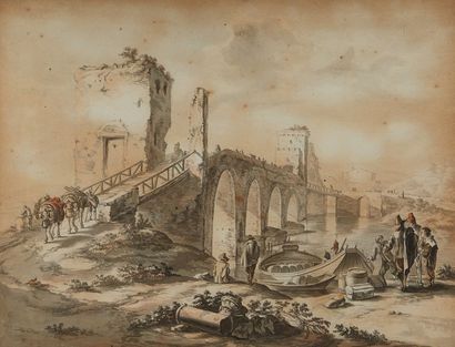 ÉCOLE du NORD du début du XIXe siècle 
Bâteliers au pied d'un pont
Aquarelle sur...