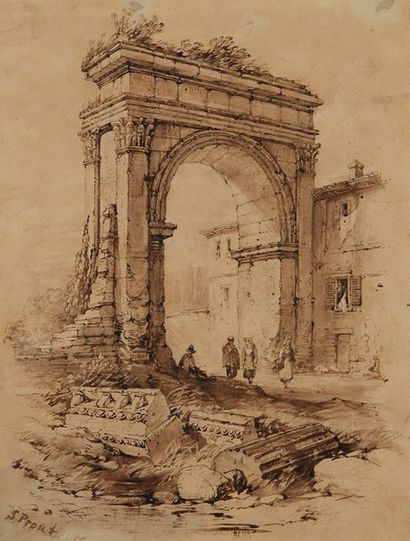 École Française du XIXe siècle 
Dessin au lavis figurant un paysage de ruine, signé...