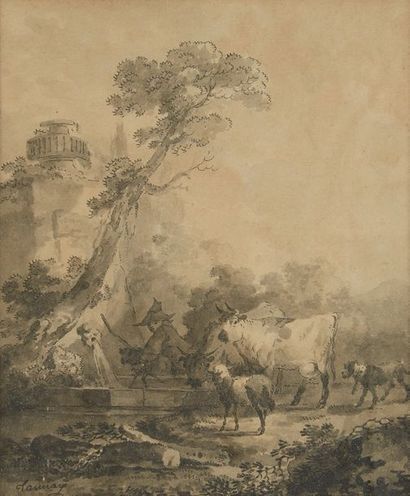 ECOLE DU XVIIIe SIÈCLE 
Paire de dessins figurant un homme aux vaches et chèvres,...