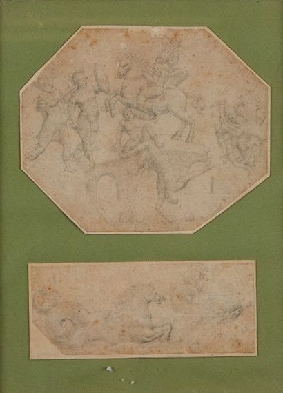 Ecole italienne du XVIIe siècle 
Scènes de bataille et créatures marines, crayon...