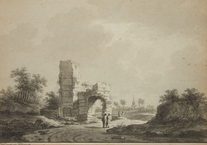 Nicolaas WICART (Utrecht 1748-1815) 
Promeneurs dans des ruines
Plume et encre noire...