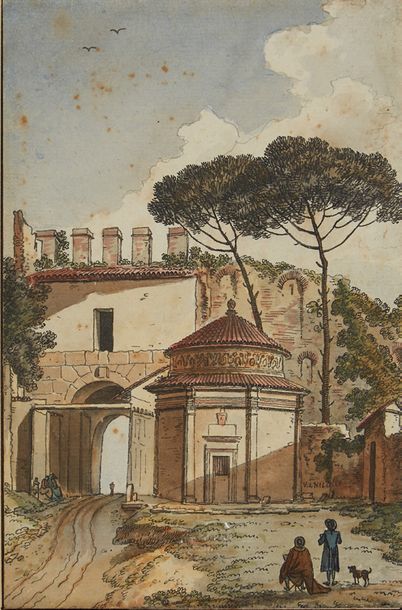 École FRANÇAISE du XVIIIe siècle 
Dessinateurs devant une porte de Rome
Plume et...