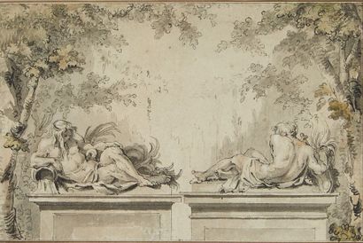 Louis Félix de LA RUE (Paris 1730-1777) 
Paysage à la statue de Neptune Plume et...