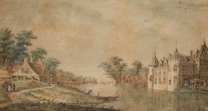 Dirk VERRIJK (Haarlem 1734 - La Haye 1786) 
Paysage au château le long d'une rivière
Plume...