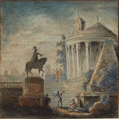 ÉCOLE FRANÇAISE début XIXe siècle 
Paysage au temple rond
Paysage à la fontaine et...