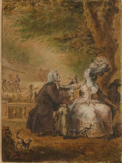 Attribué à Claude Louis DESRAIS (1746-1816) 
Scène galante, le prétendant poursuivi...