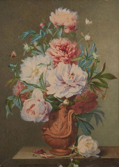 Pierre Joseph GUEROU (né en 1818) 
Bouquet de fleurs aux insectes
Aquarelle sur velin.
Signée...