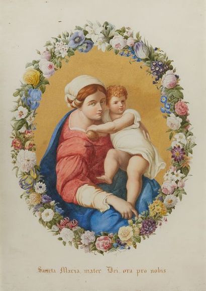 École de la fin du XIXe siècle 
Gouache sur velin figurant une Vierge à l'enfant...