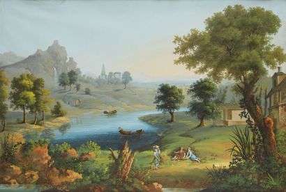 ÉCOLE SUISSE OU ALLEMANDE DU XIXE SIÈCLE 
Deux vues de paysages à la rivière animées
Paire...