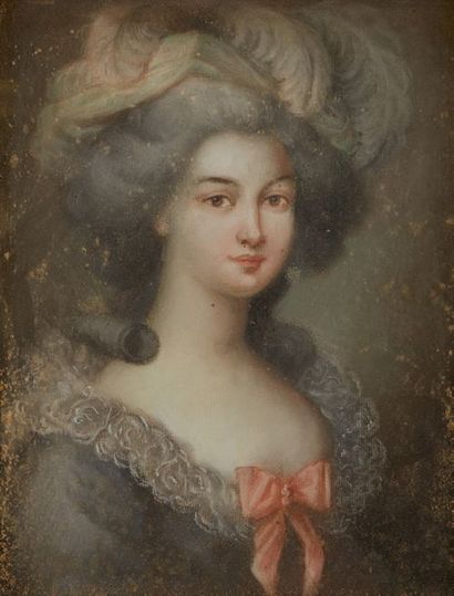 École FRANÇAISE de la fin du XVIIIe siècle 
Portrait en buste d'une jeune femme
Pastel.
Dim...