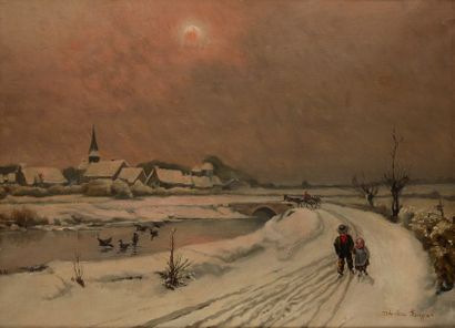 Théodore LEVIGNE (1848-1912) 
Village de campagne sous la neige
Huile sur toile signée...