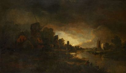 École Française du XIXe siècle 
Coucher de soleil à la rivière et au moulin
Huile...