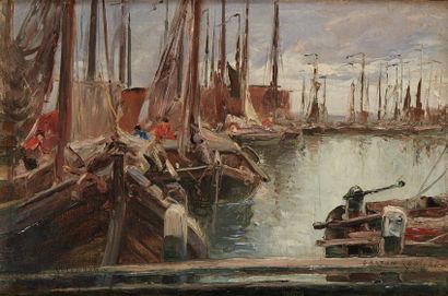 Gaston ROUILLET Huile sur toile figurant un port hollandais signée en bas à droite....