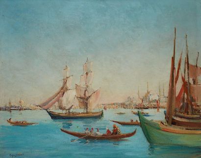 Eugène C. LAMBERT (XIXe-XXe siècle) 
Marine devant le Bosphore.
Huile sur panneau,...