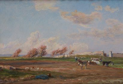 Henri-Arthur BONNEFOY (1839-1917) 
Huile sur panneau figurant des vaches au pré.
Dim.:...