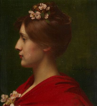 LEFEBVRE Jules Joseph (1836-1911) 
Jeune femme de profil aux fleurs
Huile sur panneau...