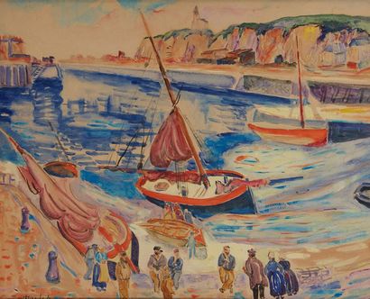 MACLET Elisée (1881-1962) 
Port de pêche
Aquarelle gouachée, signée en bas à gauche.
(insolation)
Dim.:...