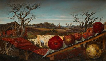 ALBERT DRACHKOVITCH-THOMAS (1928) 
Nature morte aux pommes au paysage hivernal
Huile...