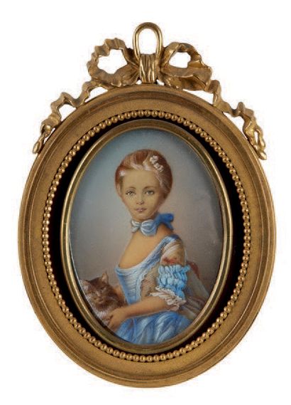 null Ensemble de trois miniatures dont une figurant un portrait de jeune fille au...