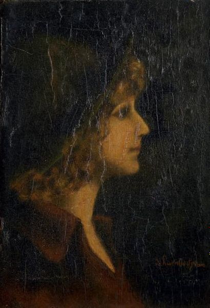 École du XXe siècle 
Huile sur panneau figurant un portrait de femme au chapeau.
Signée...