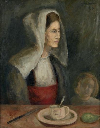 Pierre GRIMM (1898-1979) 
Huile sur toile figurant un portrait de femme à la coiffe...