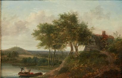 École du début du XIXe siècle 
Huile sur paneau figurant un paysage fluvial animé...