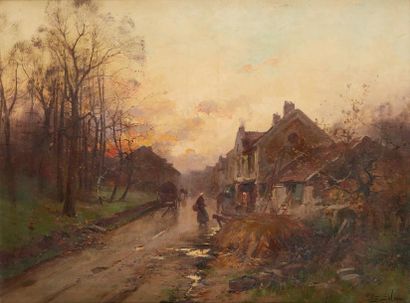 Eugène GALIEN-LALOUE (1854-1941) 
Huile sur toile figurant une entrée de village...