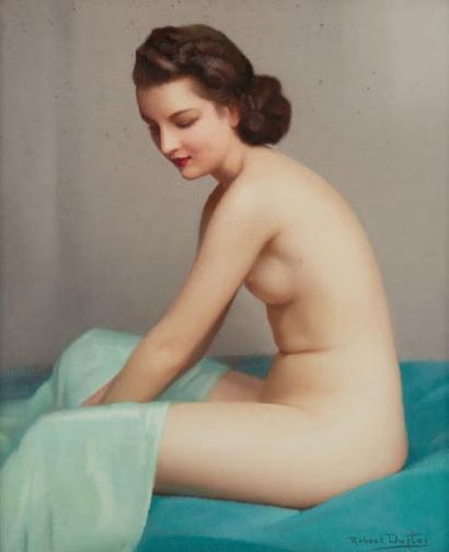 Robert Louis Raymond DUFLOS (1898-?) 
Femme nue assise sur un lit.
Pastel sur papier,...