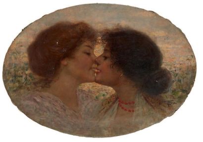 Cesare TROPEA (1861-1914/17) 
Deux femmes s'embrassant
Huile sur toile signée en...