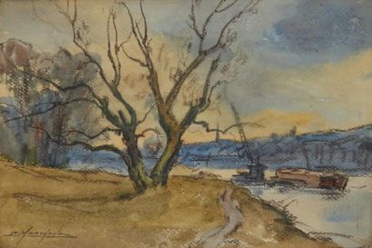 René MARCHAND (1879-?) 
Dessin aquarelle sur papier figurant un bord de rive.
Signé...