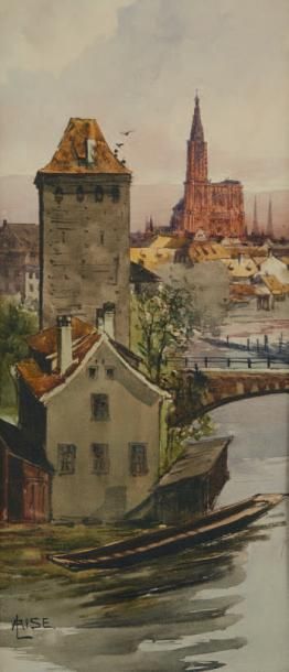 null Ensemble de trois aquarelles sur papier figurant des vues de Strasbourg (Bas...