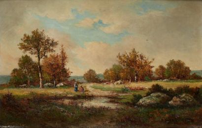 Léon Victor DUPRE (1816-1879) 
Huile sur toile figurant un paysage animé, signée...