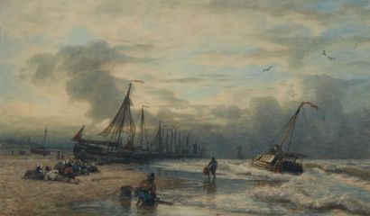 Andréas ACHENBACH (1815-1910) 
Pêcheurs à marée basse
Aquarelle sur papier, signée...