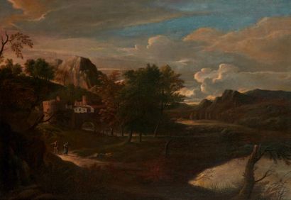 École HOLLANDAISE du XVIIe siècle 
Huile sur toile figurant un paysage lacustre.
Dim.:...