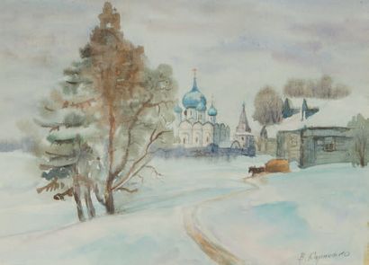 École RUSSE du XXe siècle 
Aquarelle figurant une église devant un village enneigé.
Signée...