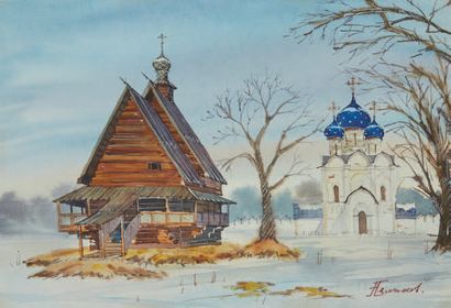 École RUSSE du XXe siècle 
Aquarelle figurant une église et une Isba.
Signée en bas...