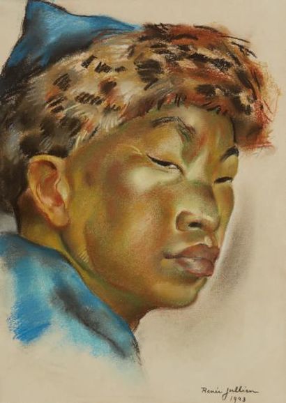 Renée JULLIEN (1903-1999) 
Portrait d'homme asiatique
Pastel sur papier.
Signé en...
