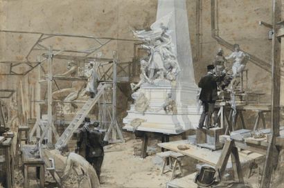 FRÉDÉRIC DE HAENEN (1853-1928) 
Atelier d'artiste pour les Monuments Nationaux Aquarelle...