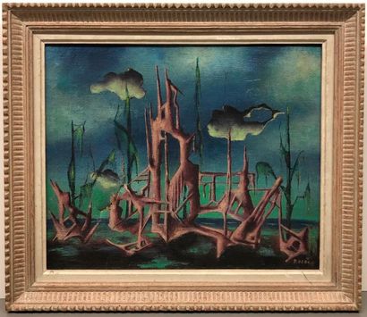 BOERG BOERG

Huile sur toile représentant un paysage surréaliste dans les tons de...