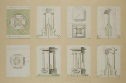 null [FONTAINES].
Projets de fontaines en huit dessins aquarellés. Légendes en français,...