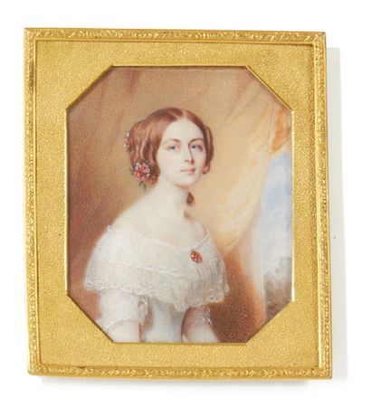 D.B. (Ecole française vers 1840) Portrait de jeune femme à la robe de dentelle blanche...
